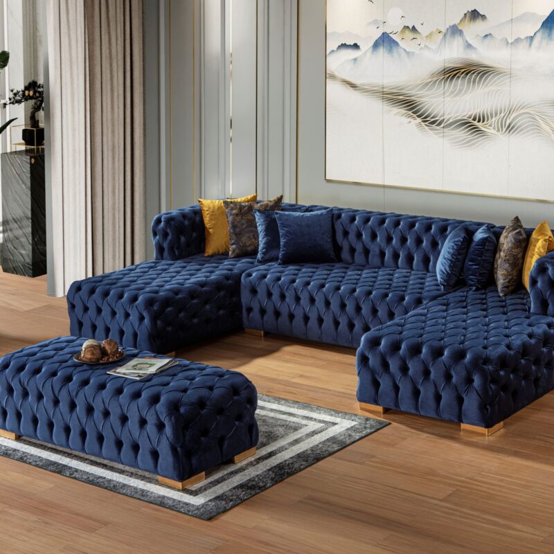 U-Shaped Velvet Sectional with Ottoman