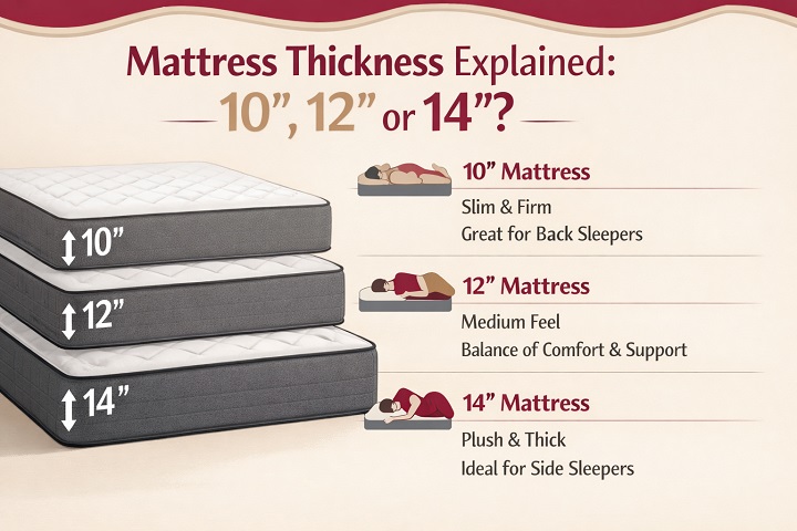 Create graphics: Mattress Thickness Explained: 10”, 12”, or 14”?.